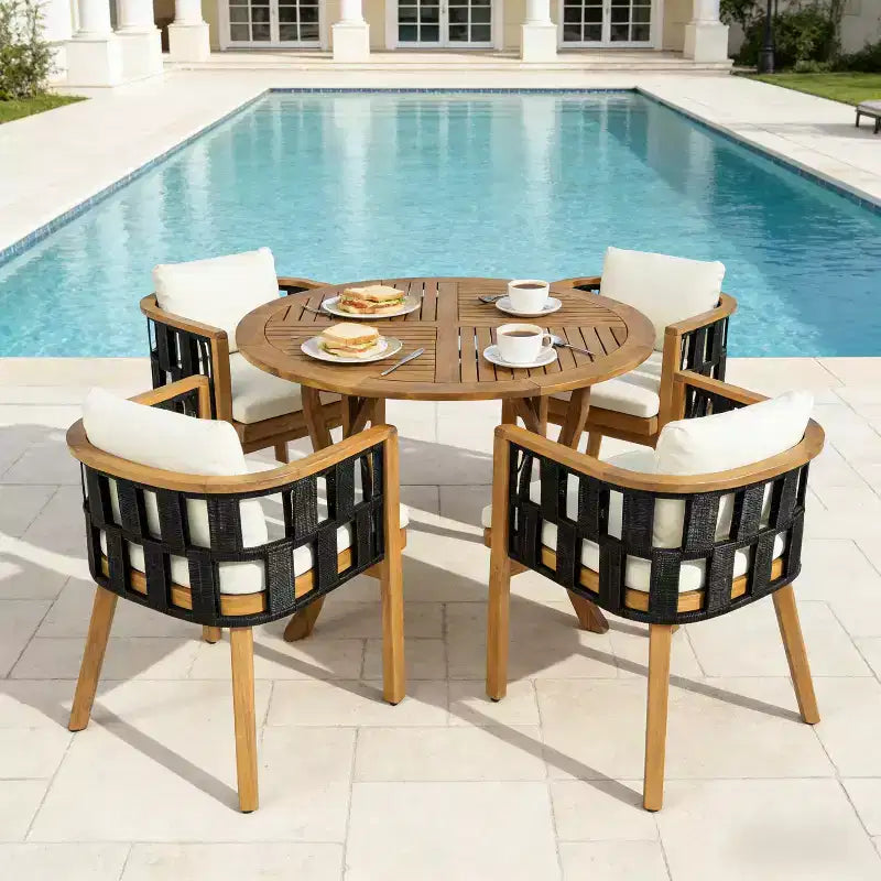 ModernLuxe Set da pranzo da patio in legno di acacia, tavolo da pranzo da esterno e 4 poltrone in corda intrecciata con cuscini crema, Teak+Nero
