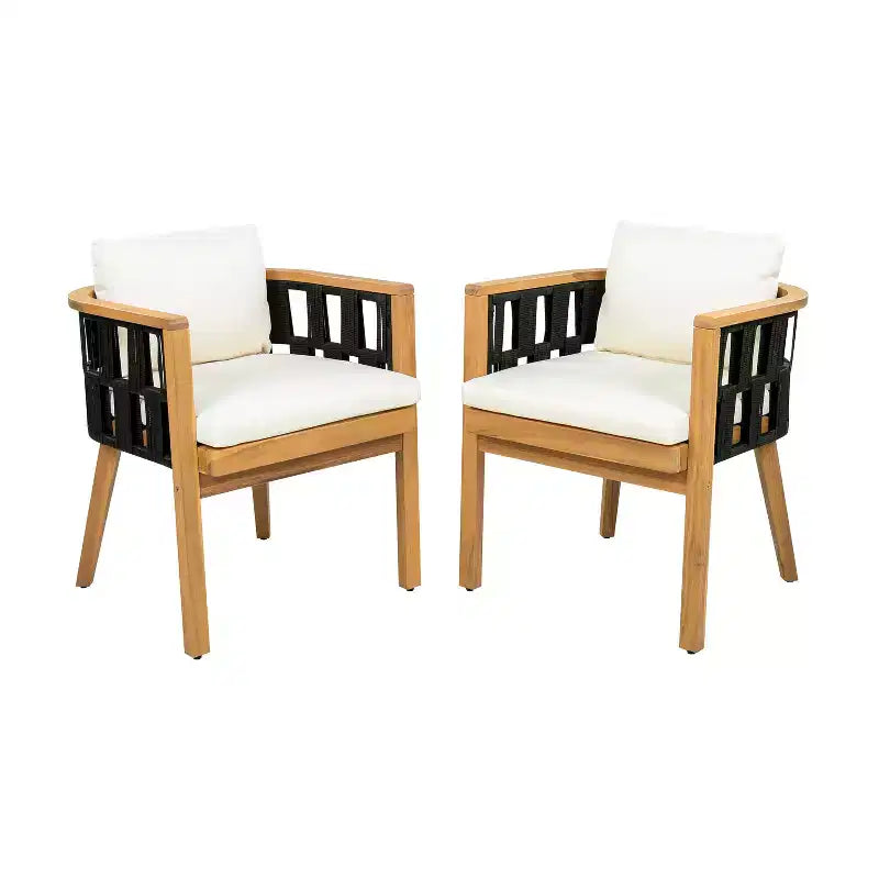 ModernLuxe Set da pranzo da patio in legno di acacia, tavolo da pranzo da esterno e 4 poltrone in corda intrecciata con cuscini crema, Teak+Nero