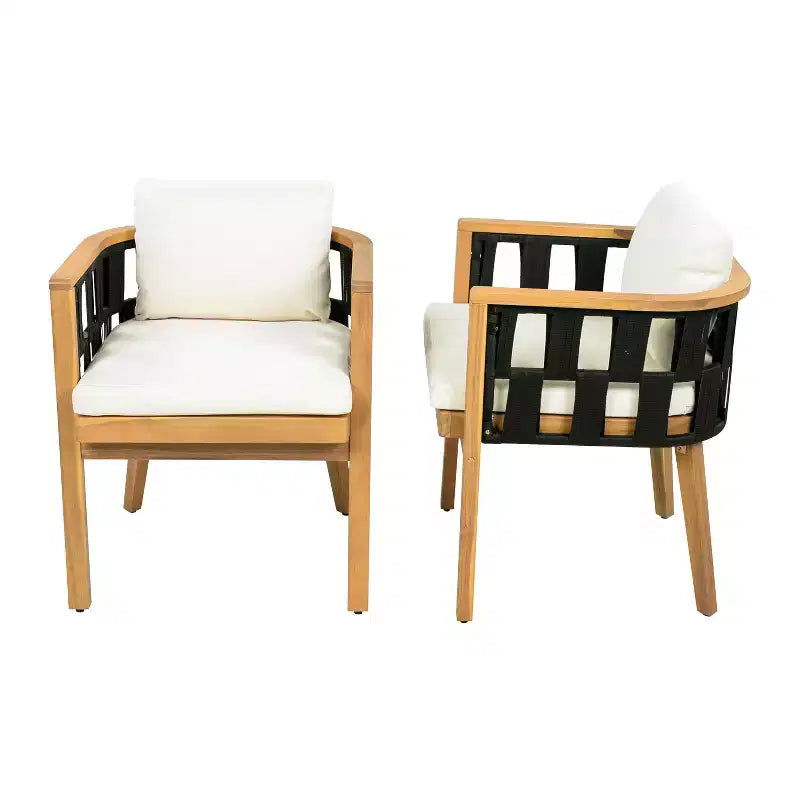 ModernLuxe Set da pranzo da patio in legno di acacia, tavolo da pranzo da esterno e 4 poltrone in corda intrecciata con cuscini crema, Teak+Nero