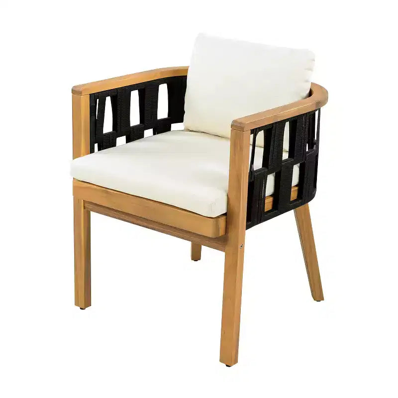 ModernLuxe Set da pranzo da patio in legno di acacia, tavolo da pranzo da esterno e 4 poltrone in corda intrecciata con cuscini crema, Teak+Nero