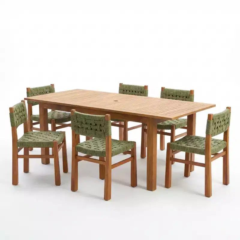 Christopher Knight Home Francine Set da Pranzo da Esterno di 7 Pezzi in Vimini Intrecciato Rustico con Legno di Acacia e Tavolo a Doghe Allungabile
