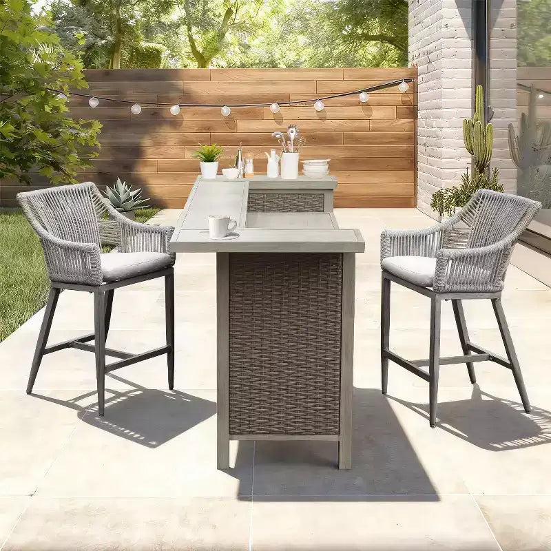 GDFStudio Viviane Ensemble bar de terrasse 3 pièces en osier et aluminium avec tabourets de hauteur comptoir