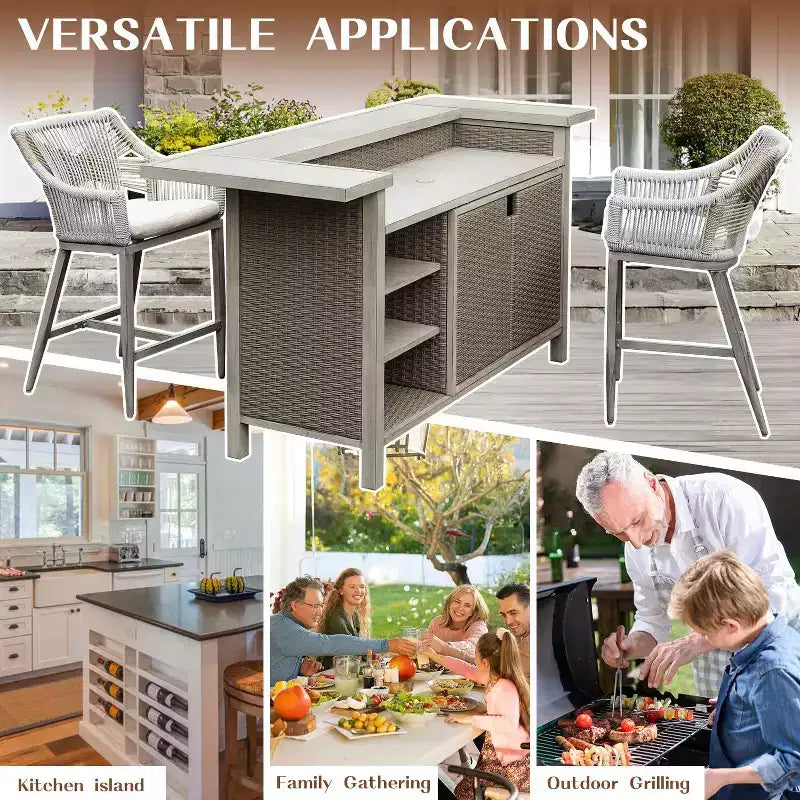 GDFStudio Viviane Ensemble bar de terrasse 3 pièces en osier et aluminium avec tabourets de hauteur comptoir