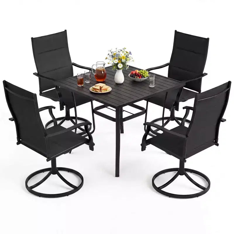 Set da pranzo da esterno Costway 5 pezzi, 4 sedie girevoli e tavolo quadrato da patio con foro per ombrellone nero + marrone/nero