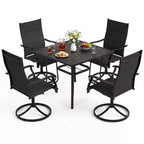 Set da pranzo da esterno Costway 5 pezzi, 4 sedie girevoli e tavolo quadrato da patio con foro per ombrellone nero + marrone/nero