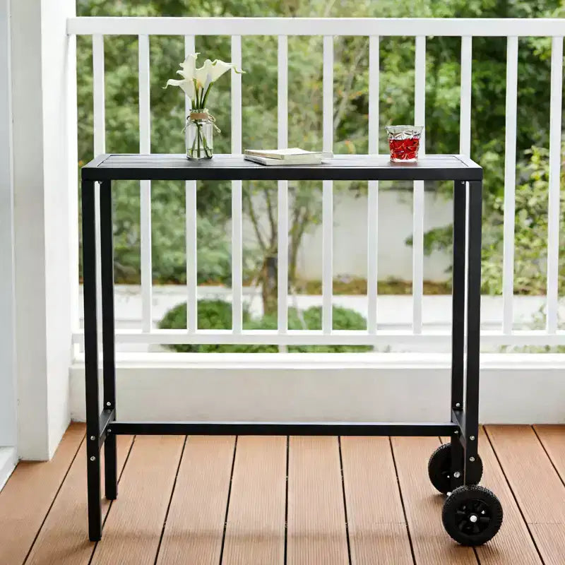 Tavolo da Bar Mobile da Esterno con Ruote, Piano in Metallo a Doghe Impermeabile, Tavolo da Altezza Bancone per Patio, Bordo Piscina, Giardino e Cucina