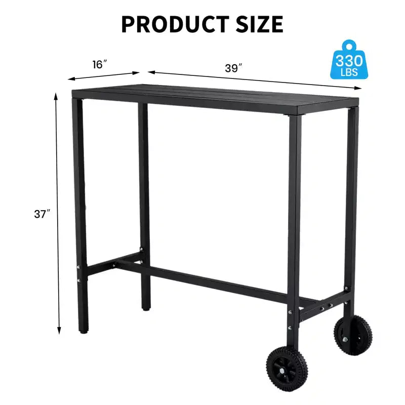 Tavolo da Bar Mobile da Esterno con Ruote, Piano in Metallo a Doghe Impermeabile, Tavolo da Altezza Bancone per Patio, Bordo Piscina, Giardino e Cucina