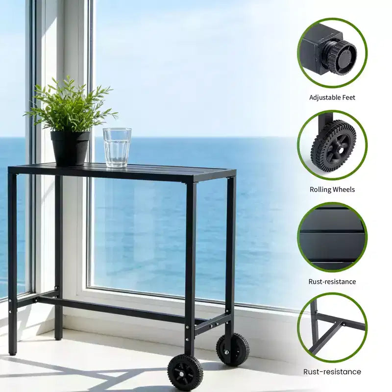 Tavolo da Bar Mobile da Esterno con Ruote, Piano in Metallo a Doghe Impermeabile, Tavolo da Altezza Bancone per Patio, Bordo Piscina, Giardino e Cucina