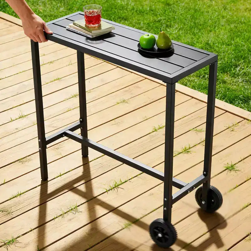 Tavolo da Bar Mobile da Esterno con Ruote, Piano in Metallo a Doghe Impermeabile, Tavolo da Altezza Bancone per Patio, Bordo Piscina, Giardino e Cucina
