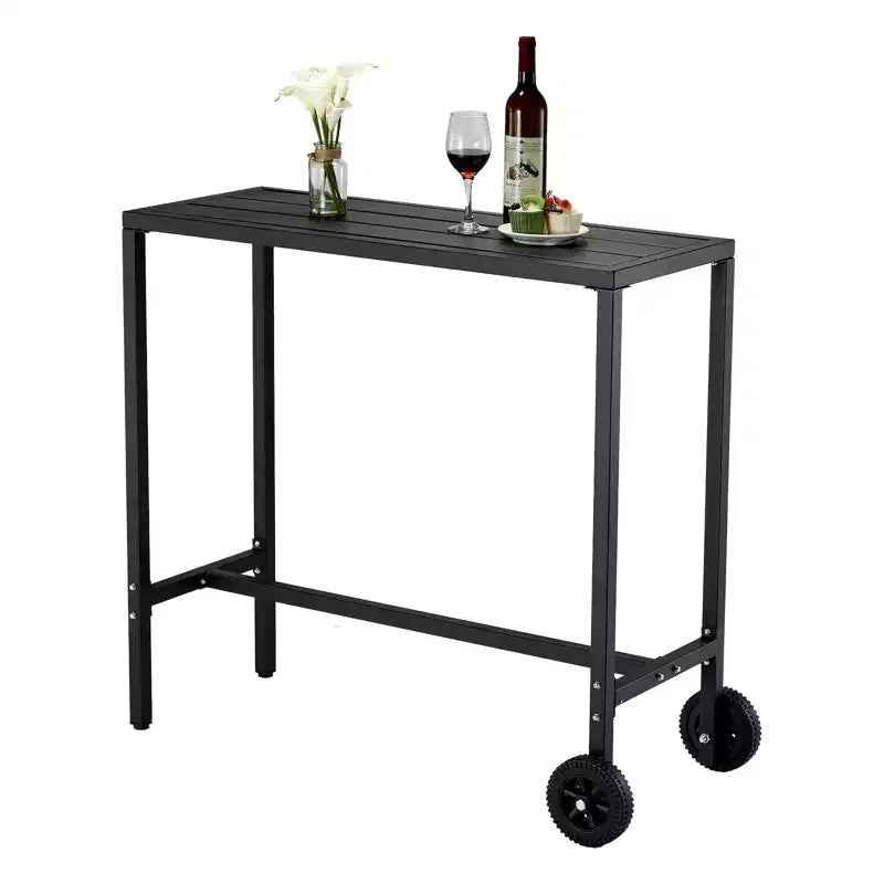 Tavolo da Bar Mobile da Esterno con Ruote, Piano in Metallo a Doghe Impermeabile, Tavolo da Altezza Bancone per Patio, Bordo Piscina, Giardino e Cucina
