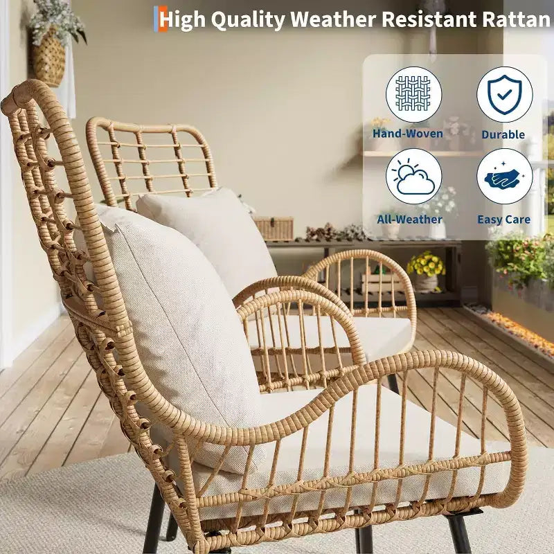 Set di 4 sedie da patio in vimini, mobili da esterno in rattan con cuscini e guanciali, sedie da patio boho per portico, giardino, per tutte le stagioni, facili da montare