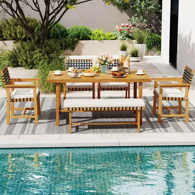 Set da pranzo da 7 pezzi per patio Costway, tavolo in legno di acacia e 6 poltrone con cuscini imbottiti