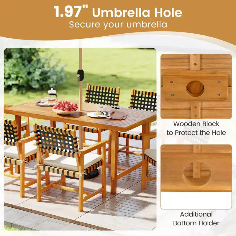 Set da pranzo da 7 pezzi per patio Costway, tavolo in legno di acacia e 6 poltrone con cuscini imbottiti