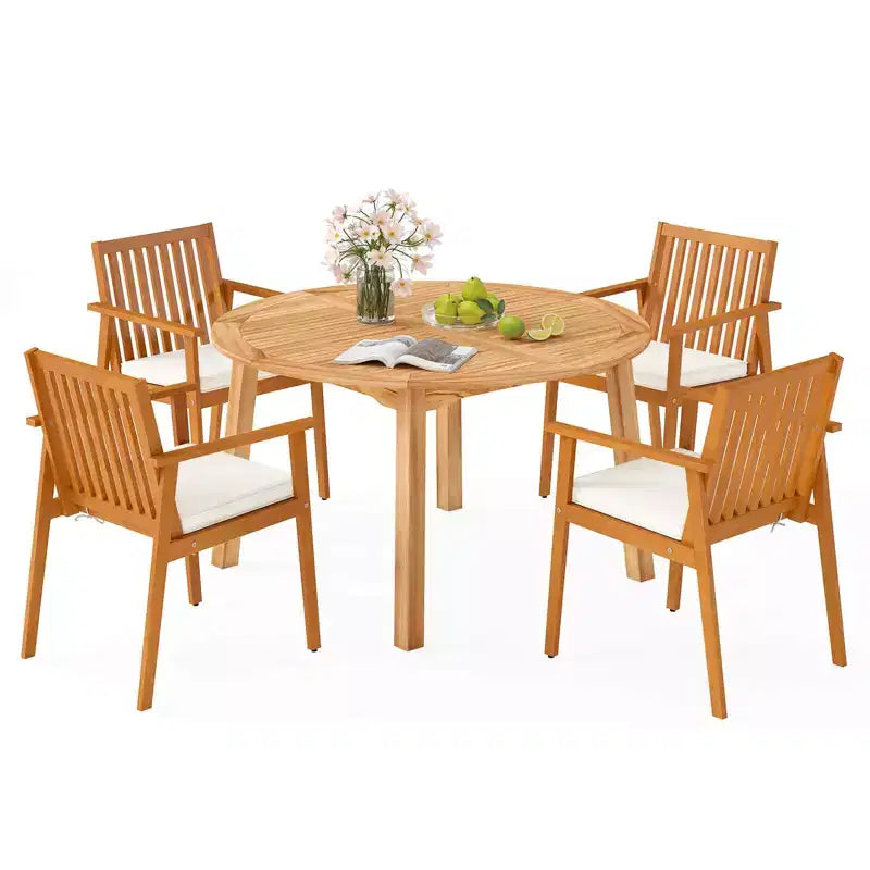 Costway Set da Pranzo da Esterno 5 Pezzi in Legno di Acacia con Foro per Ombrellone e Cuscini per Terrazza, Giardino