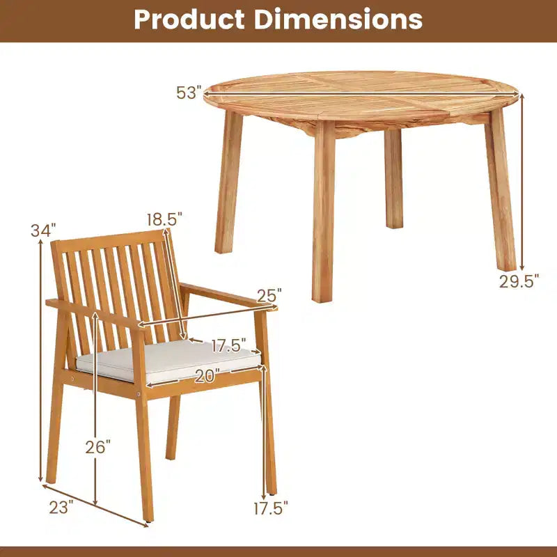 Costway Set da Pranzo da Esterno 5 Pezzi in Legno di Acacia con Foro per Ombrellone e Cuscini per Terrazza, Giardino