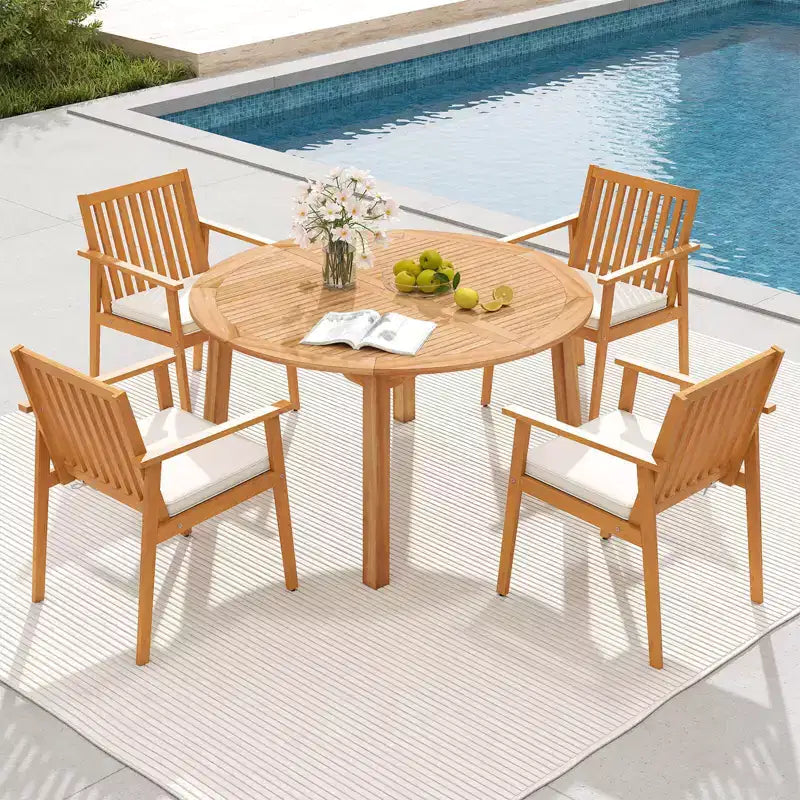 Costway Set da Pranzo da Esterno 5 Pezzi in Legno di Acacia con Foro per Ombrellone e Cuscini per Terrazza, Giardino