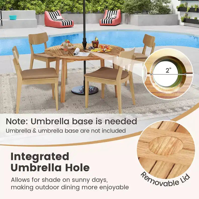 Costway Set da Pranzo da Esterno 5 Pezzi in Legno di Acacia con Foro per Ombrellone e Cuscini per Terrazza, Giardino