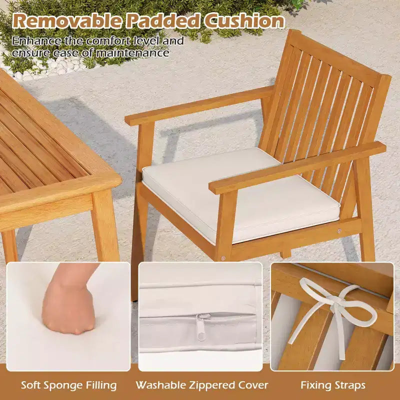 Costway Set da Pranzo da Esterno 5 Pezzi in Legno di Acacia con Foro per Ombrellone e Cuscini per Terrazza, Giardino