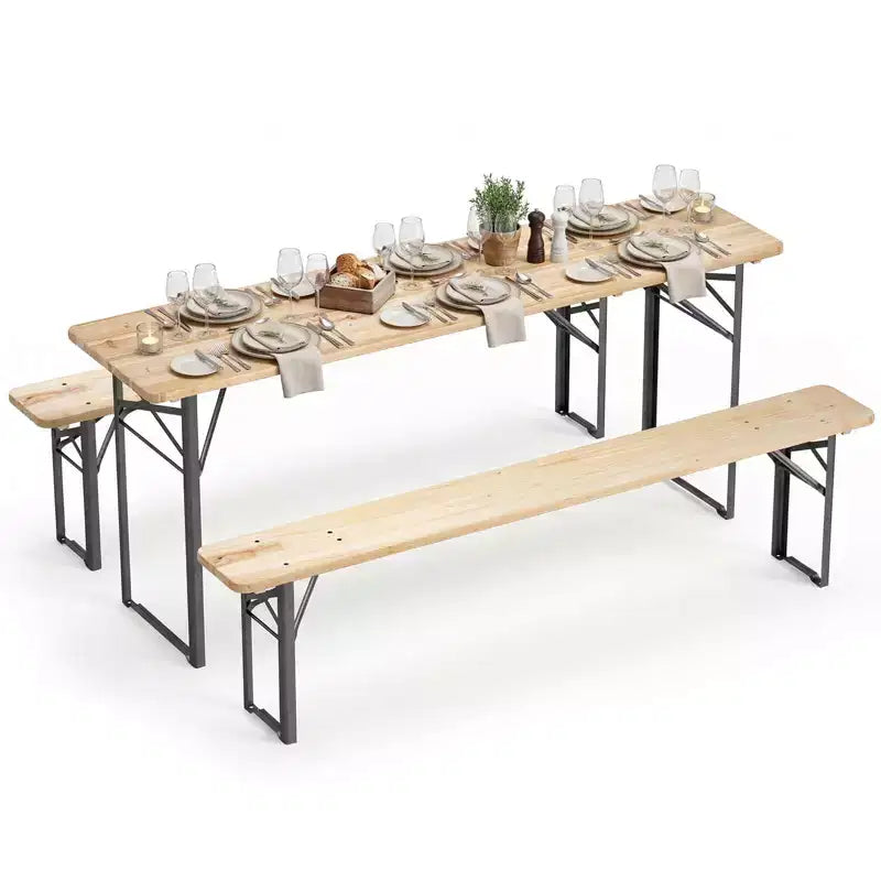 Table de pique-nique pliante 3 pièces Costway avec bancs pour 6, Bois de sapin et cadre métallique pour terrasse
