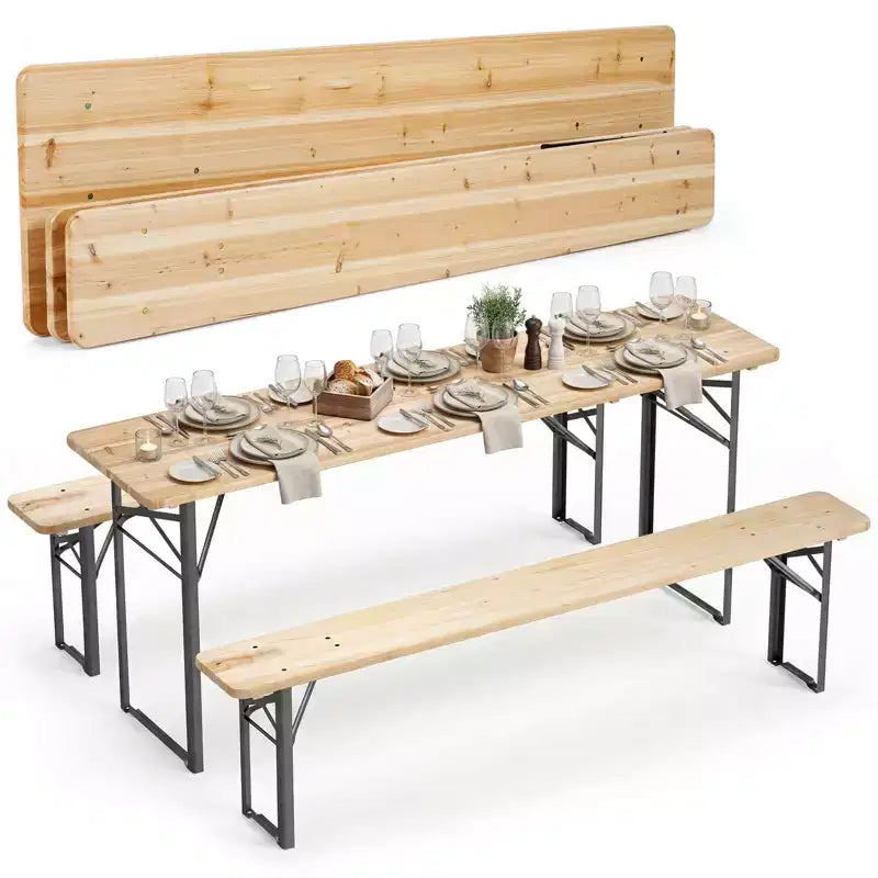 Table de pique-nique pliante 3 pièces Costway avec bancs pour 6, Bois de sapin et cadre métallique pour terrasse