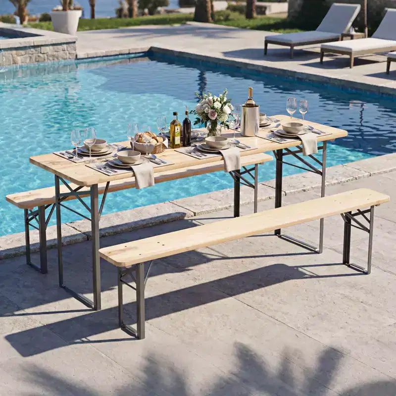 Table de pique-nique pliante 3 pièces Costway avec bancs pour 6, Bois de sapin et cadre métallique pour terrasse