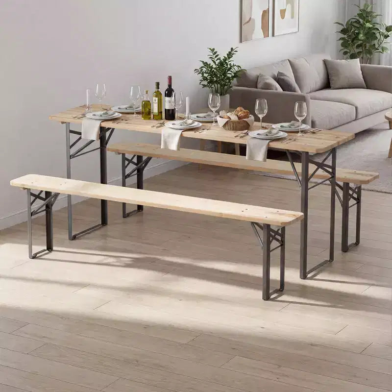 Table de pique-nique pliante 3 pièces Costway avec bancs pour 6, Bois de sapin et cadre métallique pour terrasse