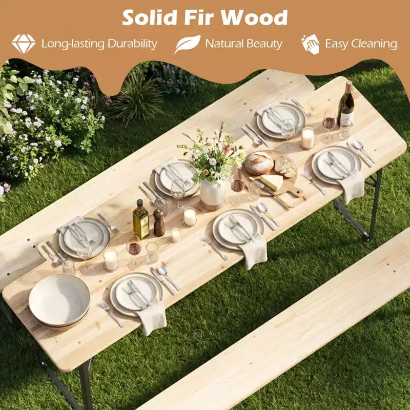 Table de pique-nique pliante 3 pièces Costway avec bancs pour 6, Bois de sapin et cadre métallique pour terrasse