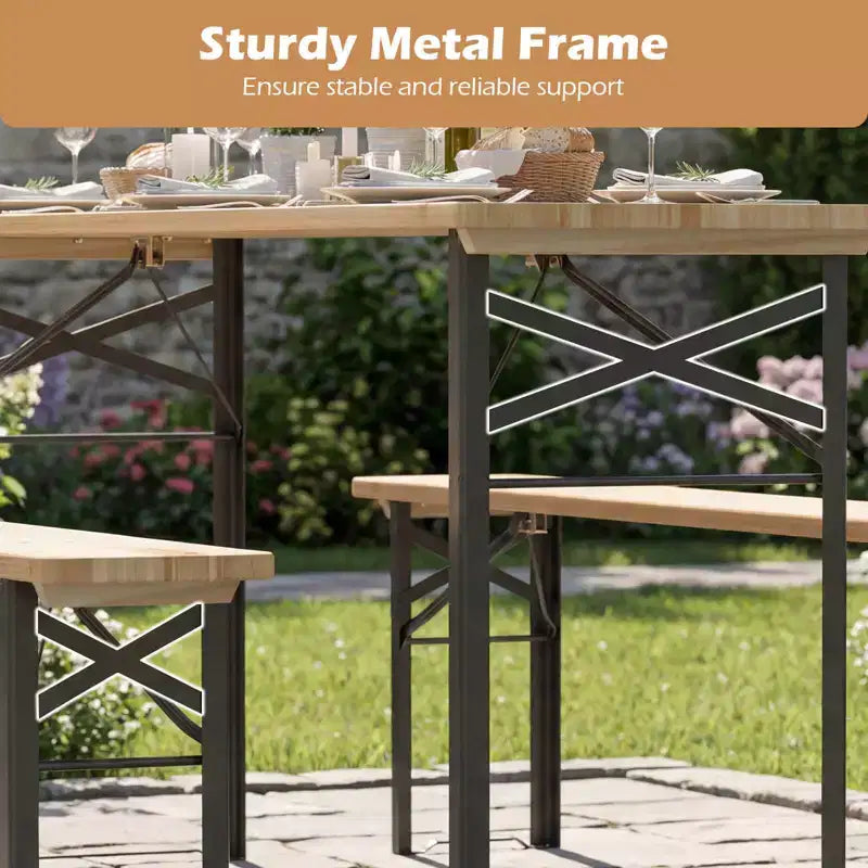 Table de pique-nique pliante 3 pièces Costway avec bancs pour 6, Bois de sapin et cadre métallique pour terrasse