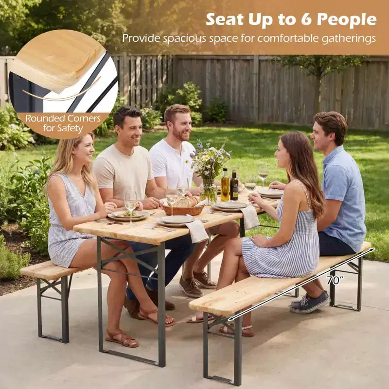 Table de pique-nique pliante 3 pièces Costway avec bancs pour 6, Bois de sapin et cadre métallique pour terrasse
