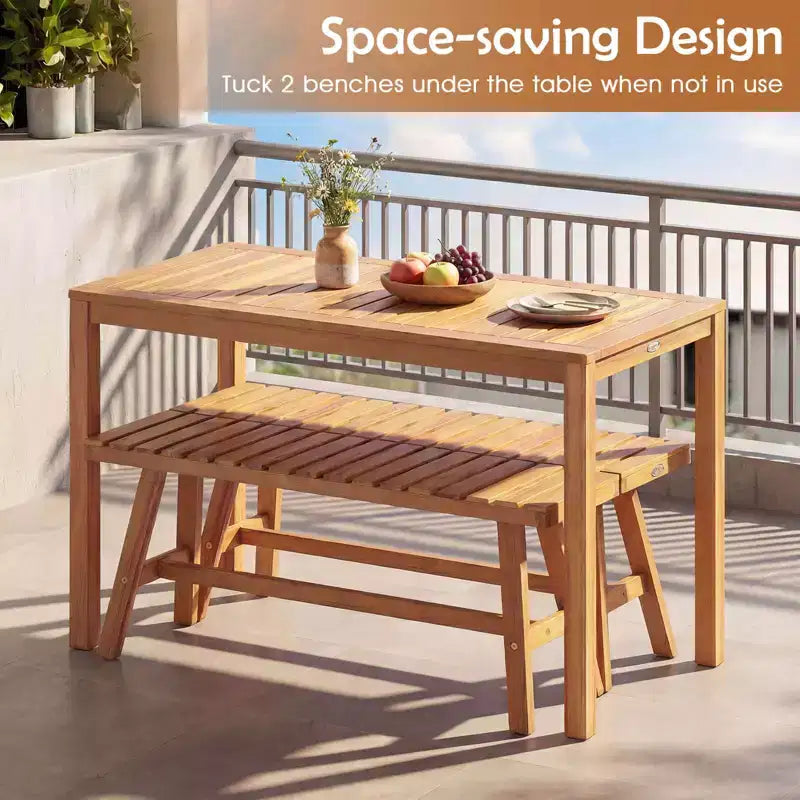 Costway Ensemble de salle à manger d'extérieur 3 pièces en bois d'acacia avec sièges à lattes pour terrasse, pelouse et jardin