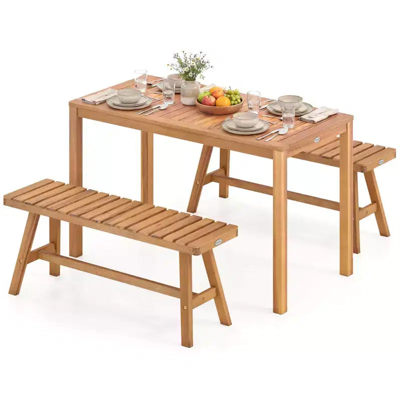 Costway Ensemble de salle à manger d'extérieur 3 pièces en bois d'acacia avec sièges à lattes pour terrasse, pelouse et jardin