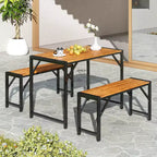 Ensemble de salle à manger 3 pièces Costway pour 4 personnes, table de pique-nique extérieure et 2 bancs avec cadre en métal