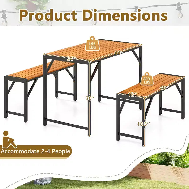 Ensemble de salle à manger 3 pièces Costway pour 4 personnes, table de pique-nique extérieure et 2 bancs avec cadre en métal