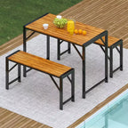 Ensemble de salle à manger 3 pièces Costway pour 4 personnes, table de pique-nique extérieure et 2 bancs avec cadre en métal