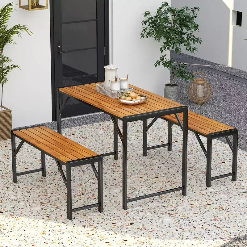 Ensemble de salle à manger 3 pièces Costway pour 4 personnes, table de pique-nique extérieure et 2 bancs avec cadre en métal