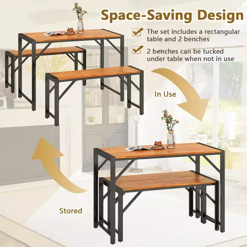 Ensemble de salle à manger 3 pièces Costway pour 4 personnes, table de pique-nique extérieure et 2 bancs avec cadre en métal