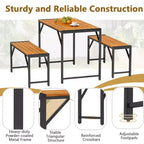 Ensemble de salle à manger 3 pièces Costway pour 4 personnes, table de pique-nique extérieure et 2 bancs avec cadre en métal