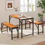Ensemble de salle à manger 3 pièces Costway pour 4 personnes, table de pique-nique extérieure et 2 bancs avec cadre en métal