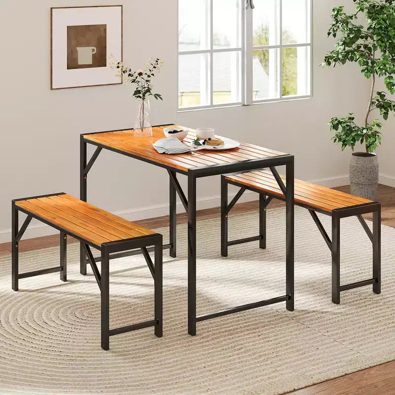 Ensemble de salle à manger 3 pièces Costway pour 4 personnes, table de pique-nique extérieure et 2 bancs avec cadre en métal