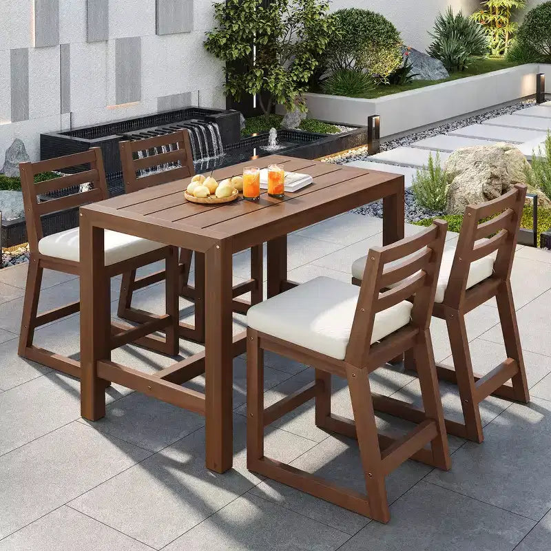 Ensemble de bar de patio rustique 5 pièces Whisen, ensemble table et chaises de patio avec chaises ergonomiques et plateau de table à lattes