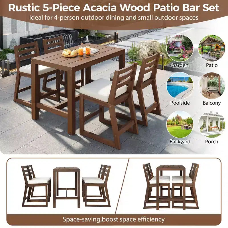 Ensemble de bar de patio rustique 5 pièces Whisen, ensemble table et chaises de patio avec chaises ergonomiques et plateau de table à lattes