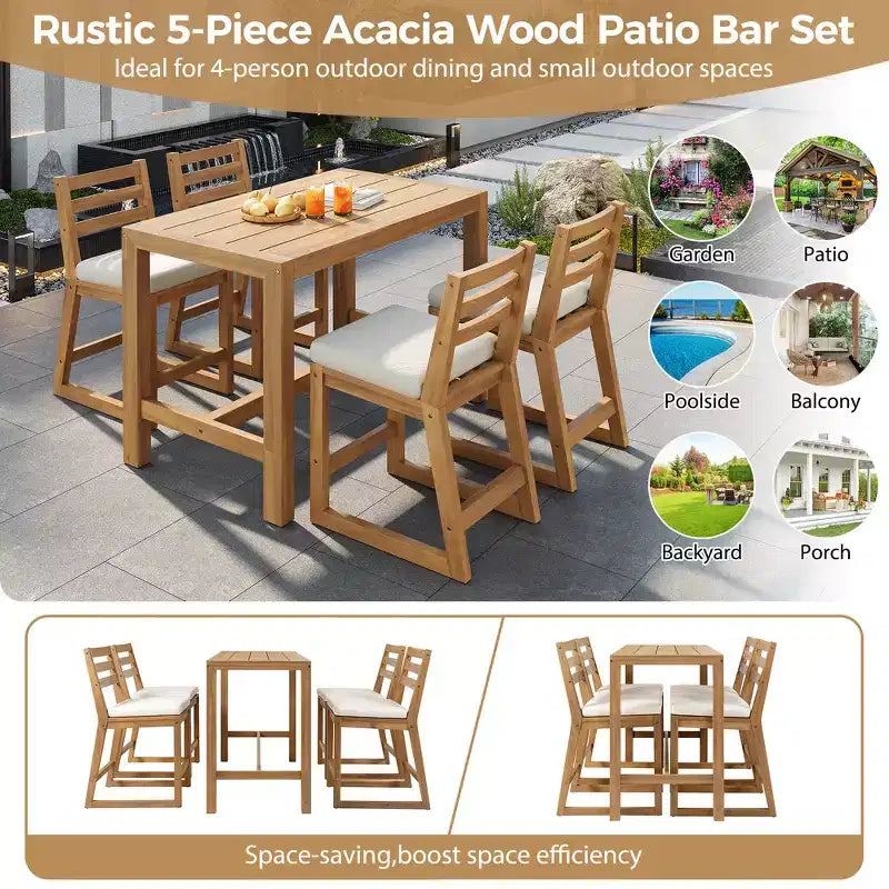 Ensemble de bar de patio rustique 5 pièces Whisen, ensemble table et chaises de patio avec chaises ergonomiques et plateau de table à lattes