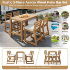 Ensemble de bar de patio rustique 5 pièces Whisen, ensemble table et chaises de patio avec chaises ergonomiques et plateau de table à lattes