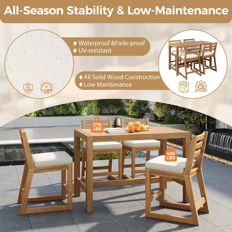 Ensemble de bar de patio rustique 5 pièces Whisen, ensemble table et chaises de patio avec chaises ergonomiques et plateau de table à lattes