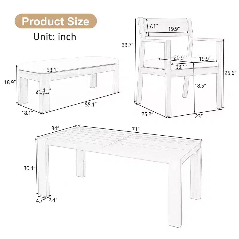 Ensemble de salle à manger Whisen pour 6 personnes, Mobilier d'extérieur avec trou pour parasol, table, chaises et banc