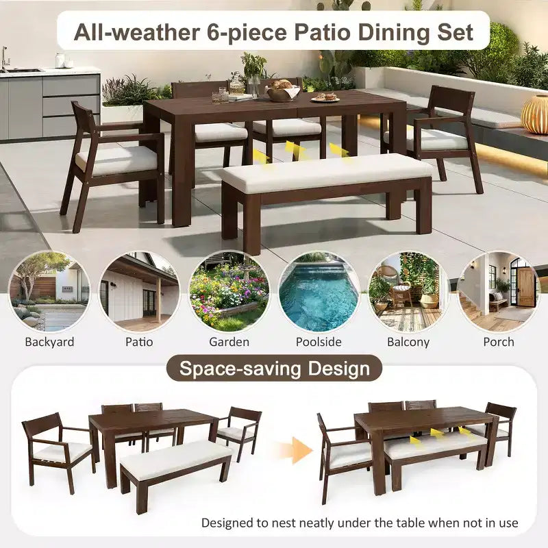 Ensemble de salle à manger Whisen pour 6 personnes, Mobilier d'extérieur avec trou pour parasol, table, chaises et banc