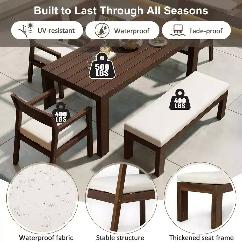 Ensemble de salle à manger Whisen pour 6 personnes, Mobilier d'extérieur avec trou pour parasol, table, chaises et banc