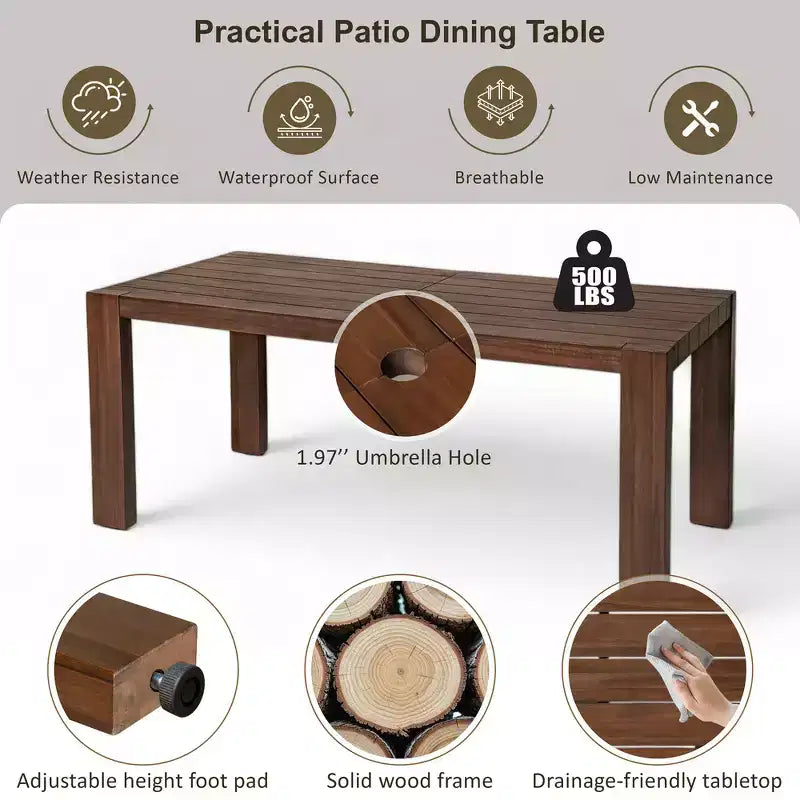 Ensemble de salle à manger Whisen pour 6 personnes, Mobilier d'extérieur avec trou pour parasol, table, chaises et banc