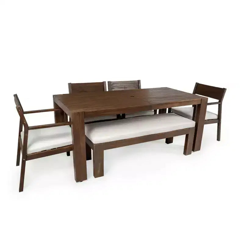 Ensemble de salle à manger Whisen pour 6 personnes, Mobilier d'extérieur avec trou pour parasol, table, chaises et banc
