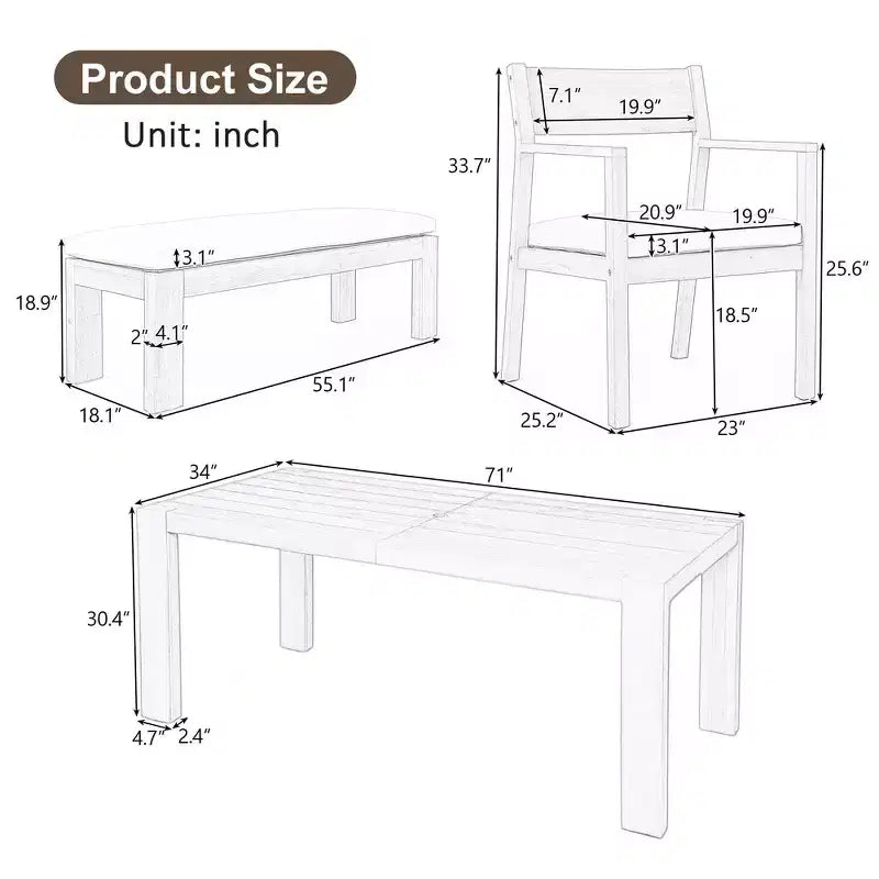 Ensemble de salle à manger Whisen pour 6 personnes, Mobilier d'extérieur avec trou pour parasol, table, chaises et banc